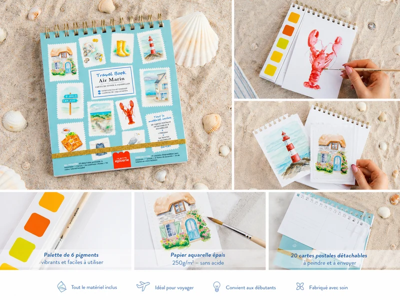 Travel Book Air Marin – Carnet Aquarelle Nomade avec 20 Cartes Postales à Peindre