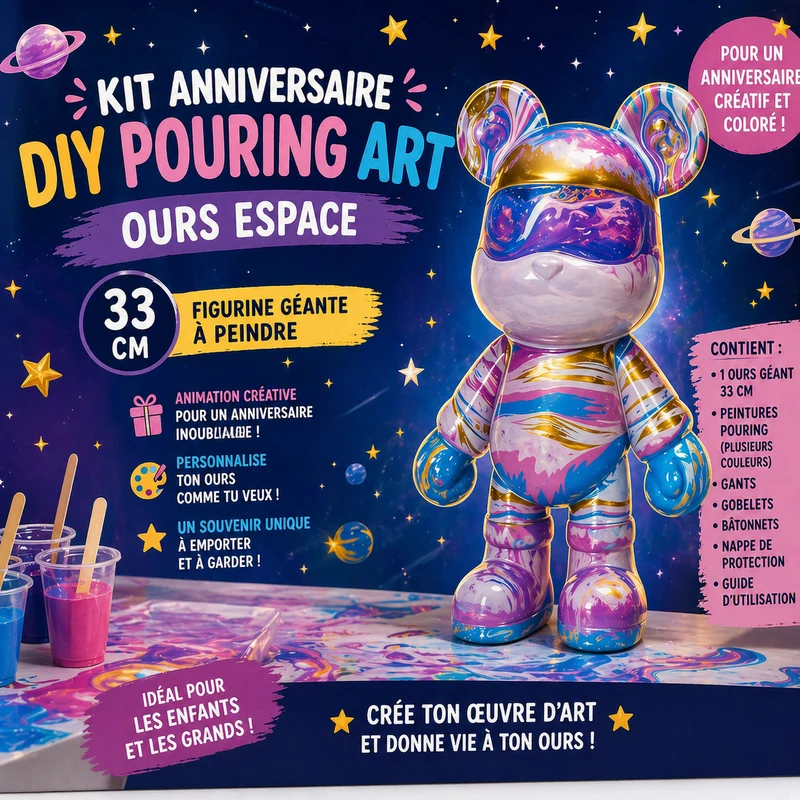 Kit Anniversaire DIY Pouring Art Ours Espace 33 cm – Figurine Géante à Peindre (Lot de 4 à 12)