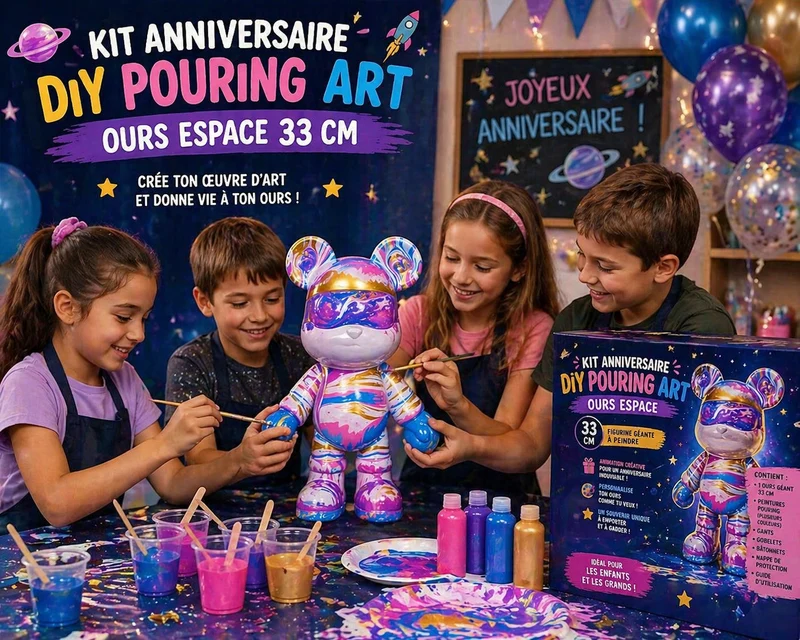 Kit Anniversaire DIY Pouring Art Ours Espace 33 cm – Figurine Géante à Peindre (Lot de 4 à 12)