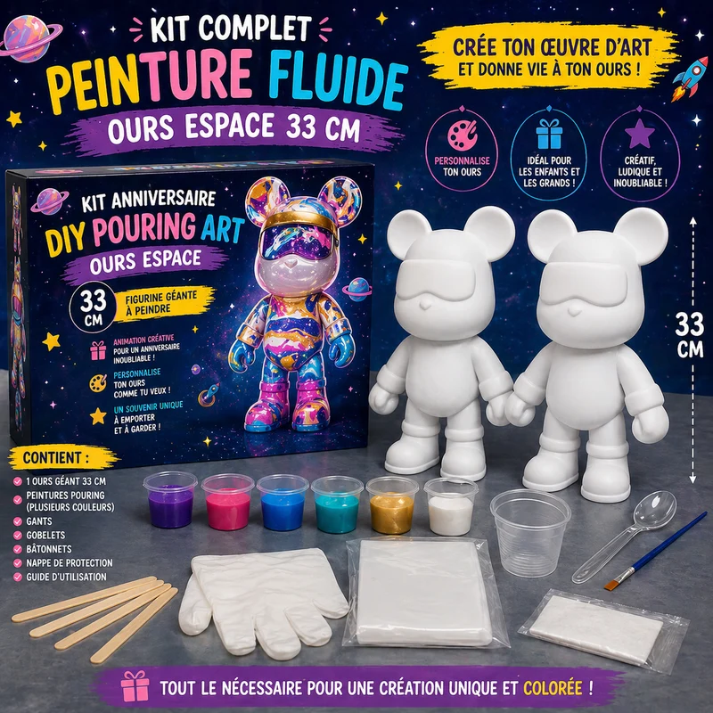 Kit Anniversaire DIY Pouring Art Ours Espace 33 cm – Figurine Géante à Peindre (Lot de 4 à 12)