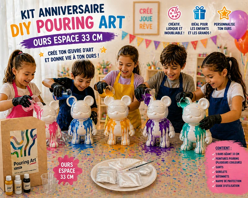 Kit Anniversaire DIY Pouring Art Ours Espace 33 cm – Figurine Géante à Peindre (Lot de 4 à 12)