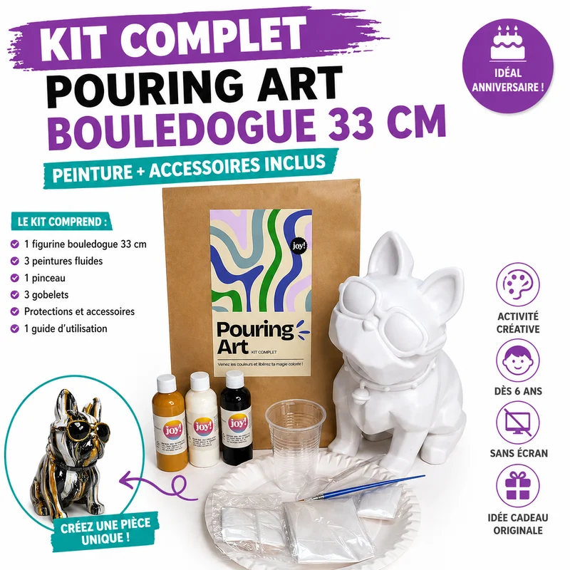 Kit Anniversaire DIY Pouring Art Bouledogue 33 cm – Figurine Géante à Peindre (Lot de 4 à 14)