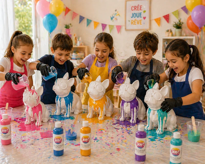 Kit Anniversaire DIY Pouring Art Bouledogue 33 cm – Figurine Géante à Peindre (Lot de 4 à 14)