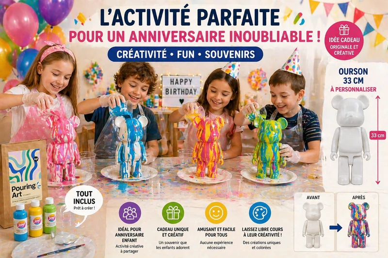 Kit anniversaire DIY Pouring Art Ourson Lego – Lot de 4 à 12 figurines à peindre