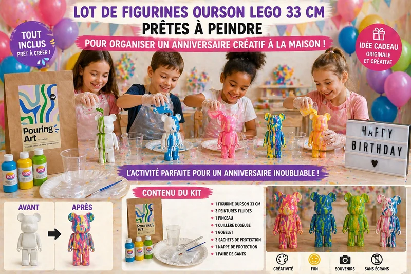 Kit anniversaire DIY Pouring Art Ourson Lego – Lot de 4 à 12 figurines à peindre