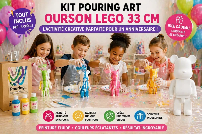 Kit anniversaire DIY Pouring Art Ourson Lego – Lot de 4 à 12 figurines à peindre