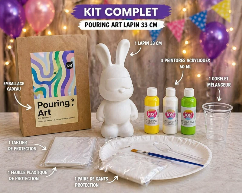 Kit Anniversaire Fluid Painting Lapin 33 cm – Figurine géante à personnaliser + 3 peintures
