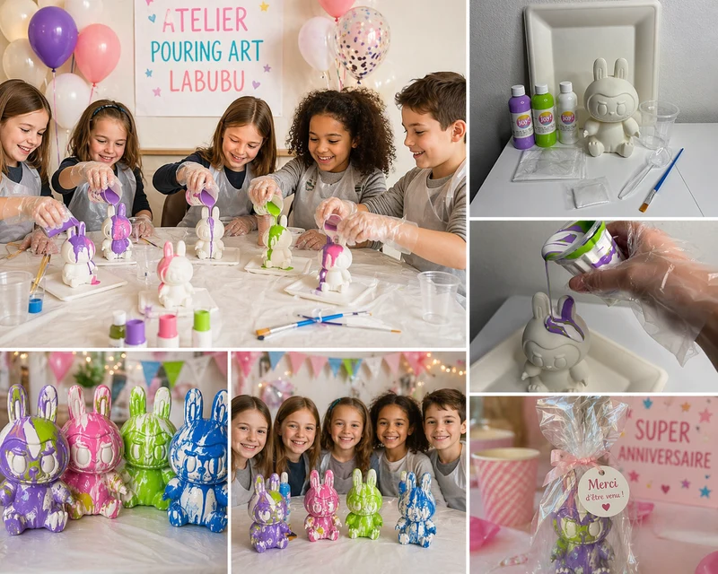 Kit Anniversaire Pouring Art Labubu 17 cm – Figurine tendance à personnaliser + 3 peintures