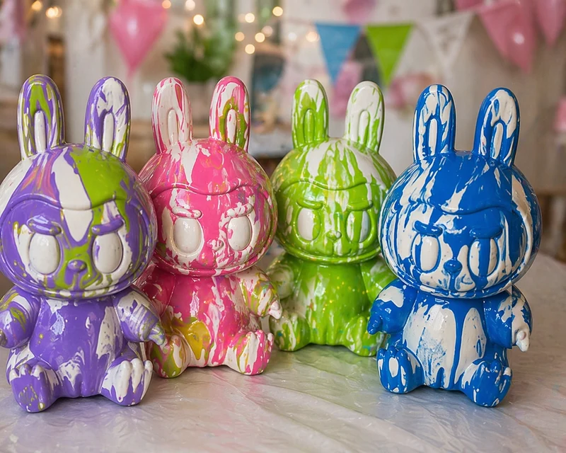 Kit Anniversaire Pouring Art Labubu 17 cm – Figurine tendance à personnaliser + 3 peintures