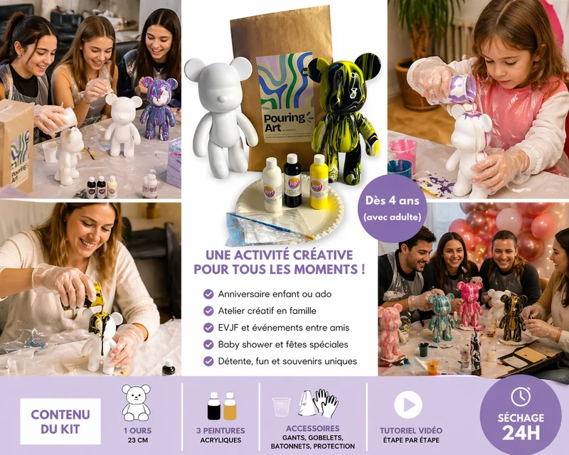 Kit Anniversaire Pouring Art Ours 23 cm – Activité Créative Anniversaire, EVJF, Atelier ou Baby Shower | 4 à 12 kits
