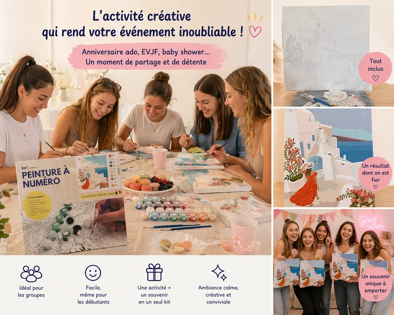 Kit Anniversaire Ado Peinture par Numéros Voyage à Santorin – Lot de 6 à 12 Kits 30x30 cm