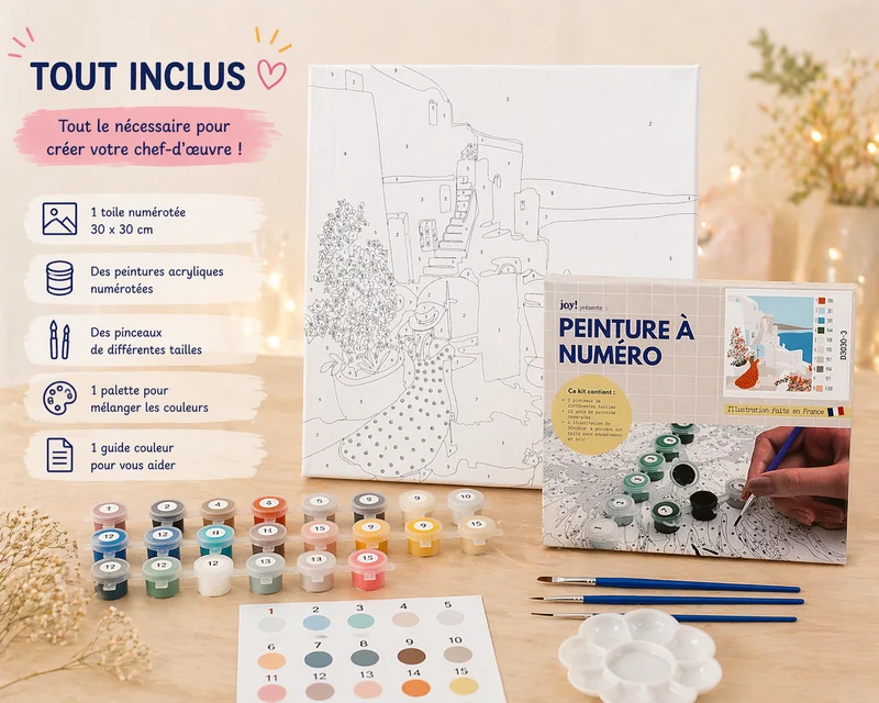 Kit Anniversaire Ado Peinture par Numéros Voyage à Santorin – Lot de 6 à 12 Kits 30x30 cm