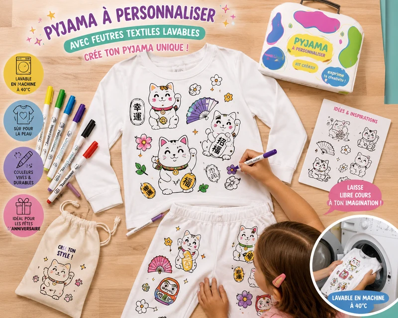 Kit Anniversaire Pyjama à Colorier Chat Porte-Bonheur – Activité Créative Enfant | Joy Cadeaux