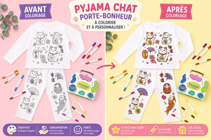 Kit Anniversaire Pyjama à Colorier Chat Porte-Bonheur – Activité Créative Enfant | Joy Cadeaux