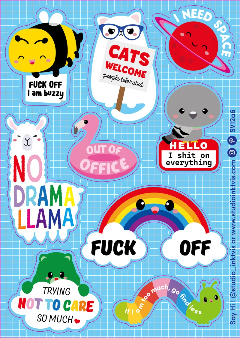 Planche de Stickers Chat-Llama “No Drama” – Stickers Fun & Impertinents