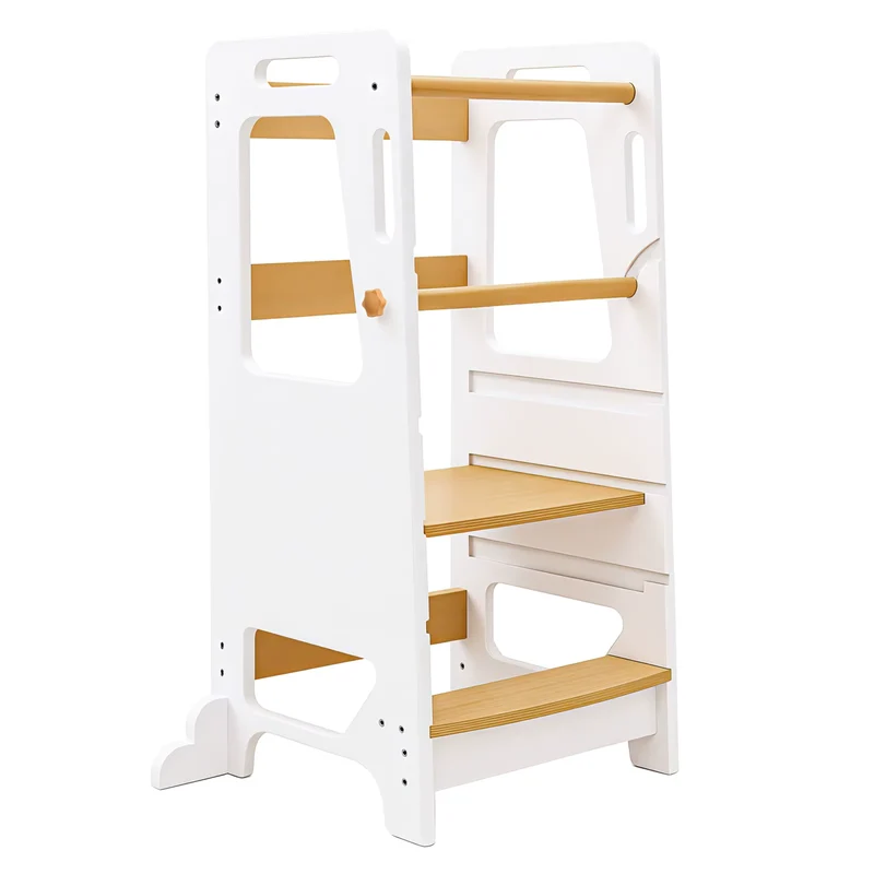 Tour d'Apprentissage Montessori en Bois Massif – Gris et Bois Naturel, Hauteur Réglable