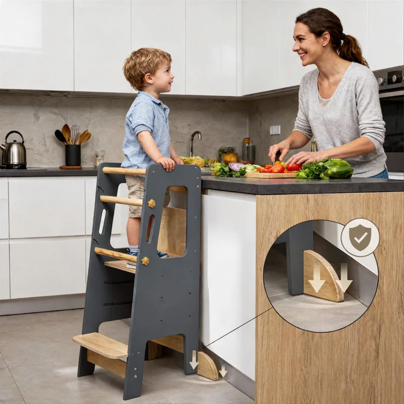 Tour d'Apprentissage Montessori en Bois Massif – Gris et Bois Naturel, Hauteur Réglable