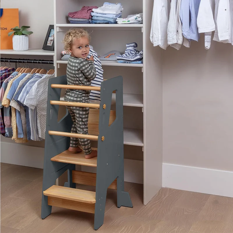 Tour d'Apprentissage Montessori en Bois Massif – Gris et Bois Naturel, Hauteur Réglable