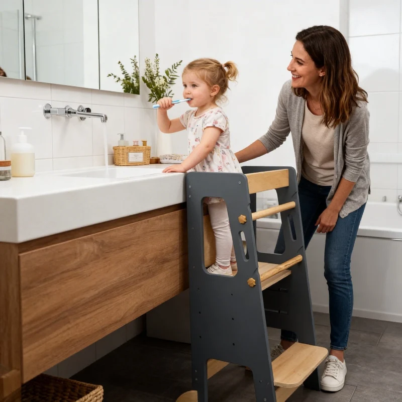 Tour d'Apprentissage Montessori en Bois Massif – Gris et Bois Naturel, Hauteur Réglable
