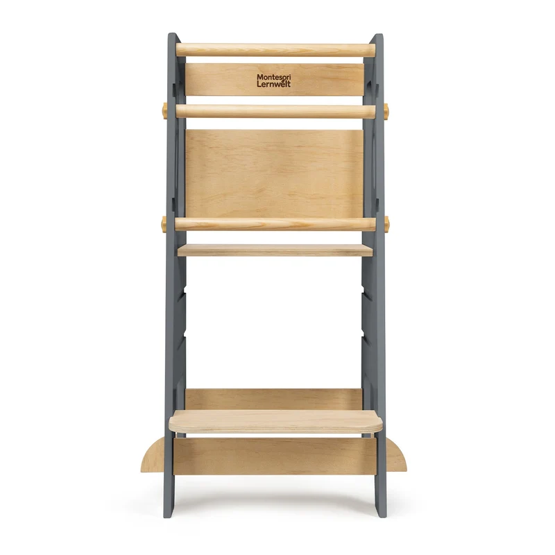 Tour d'Apprentissage Montessori en Bois Massif – Gris et Bois Naturel, Hauteur Réglable