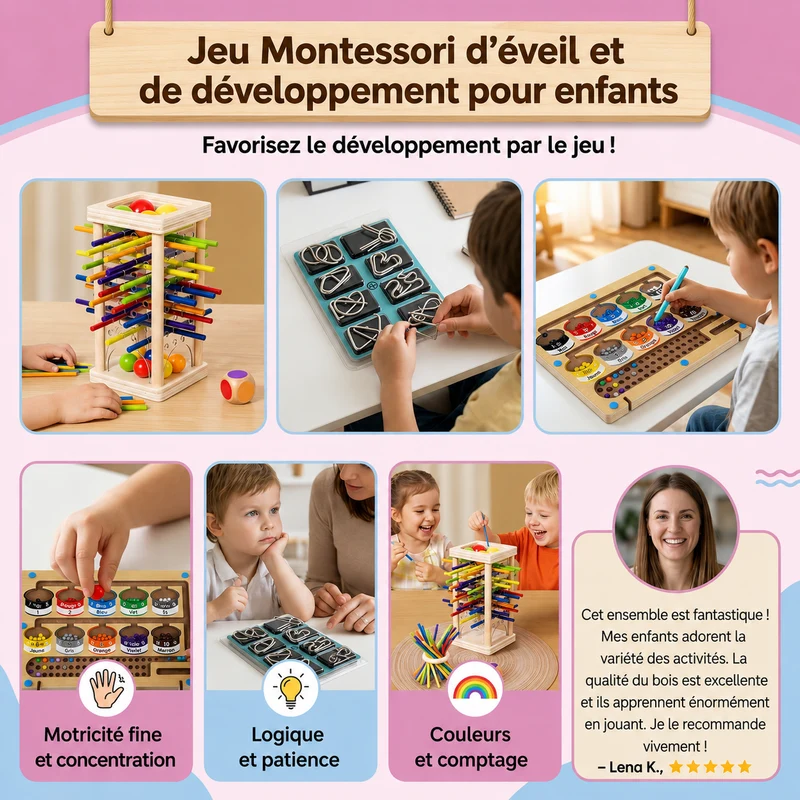 Set de Jeux Montessori 3 Pièces – Coffret Jeux Éducatifs de Logique pour Enfants