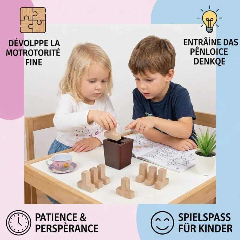 Puzzle de Logique 3D en Bois – Jeu Éducatif de Formes pour Enfants