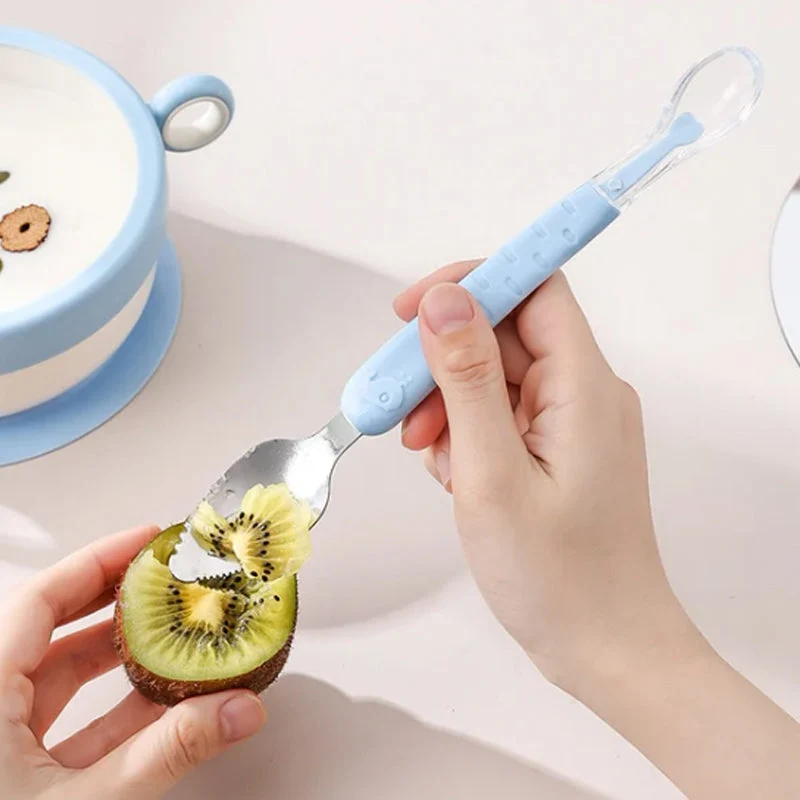 Cuillère pour bébé 2-en-1 en silicone – Cuillère d'apprentissage pour que les bébés mangent tout seuls
