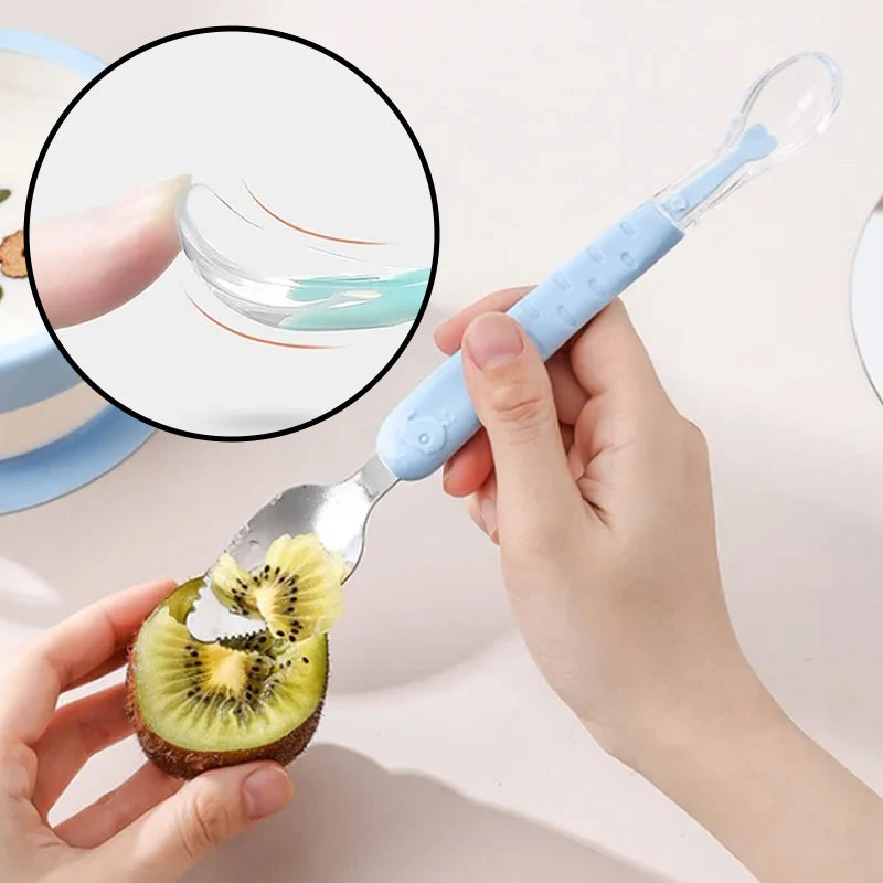 Cuillère pour bébé 2-en-1 en silicone – Cuillère d'apprentissage pour que les bébés mangent tout seuls