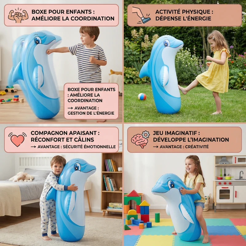 Sac de frappe gonflable pour enfants – Jouet de boxe à motif animal avec socle à remplir d'eau