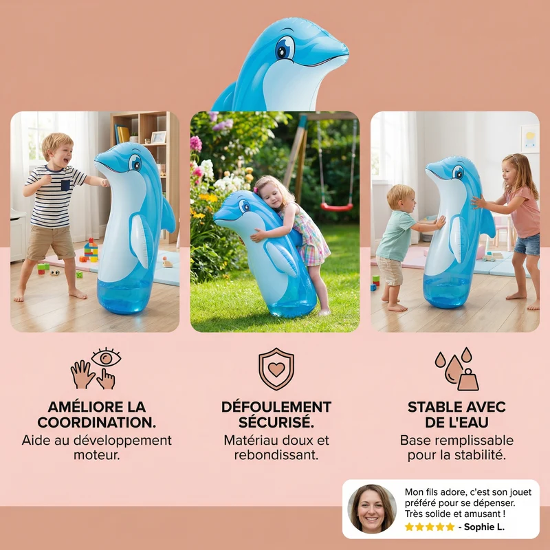 Sac de frappe gonflable pour enfants – Jouet de boxe à motif animal avec socle à remplir d'eau