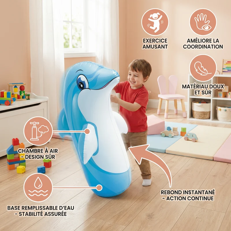 Sac de frappe gonflable pour enfants – Jouet de boxe à motif animal avec socle à remplir d'eau