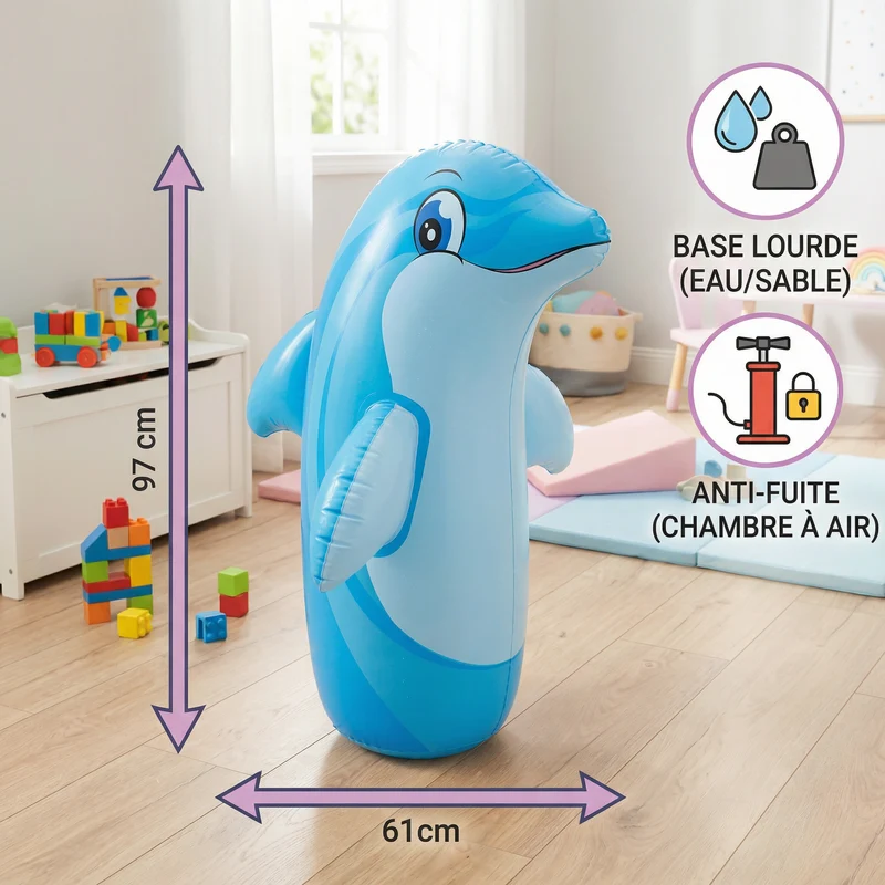 Sac de frappe gonflable pour enfants – Jouet de boxe à motif animal avec socle à remplir d'eau