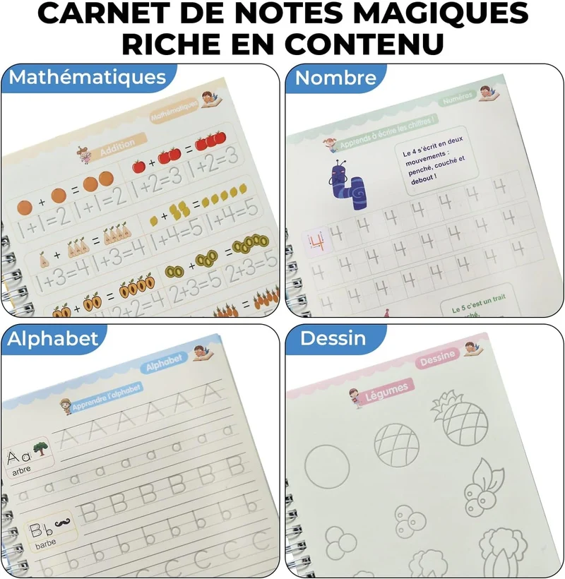 Cahiers d'Écriture Magiques Réutilisables – Coffret 4 Cahiers + Stylo Effaçable pour Enfants