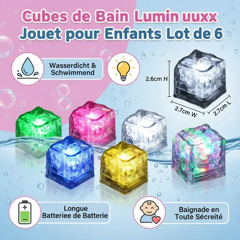 Lot de 6 Cubes Lumineux de Bain – LEDs Magiques qui S’allument dans l’Eau
