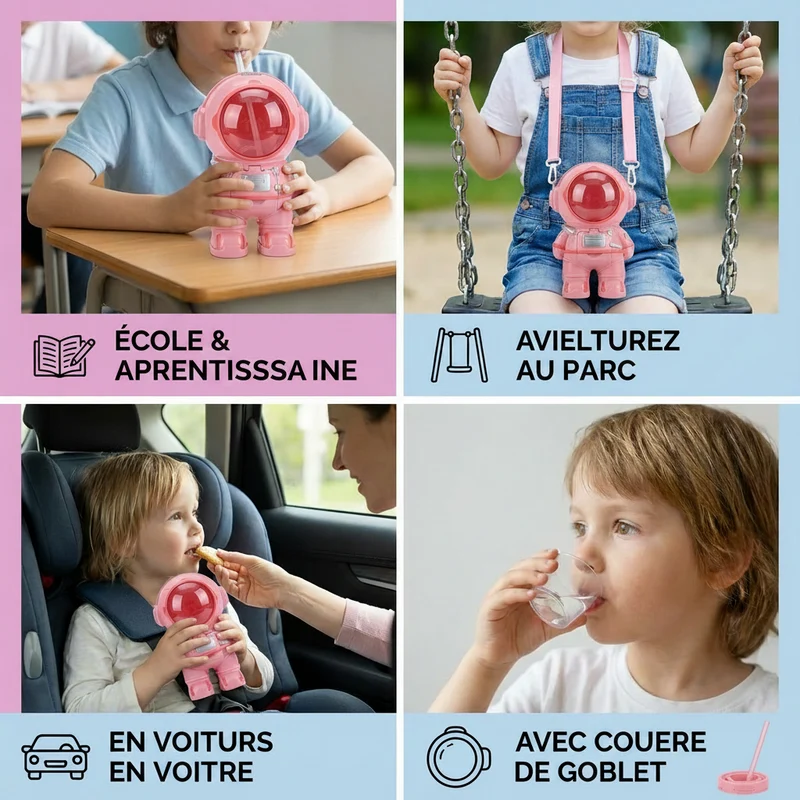 Gourde Astronaute pour Enfants – Bouteille Réutilisable Antifuite avec Paille | Sans BPA
