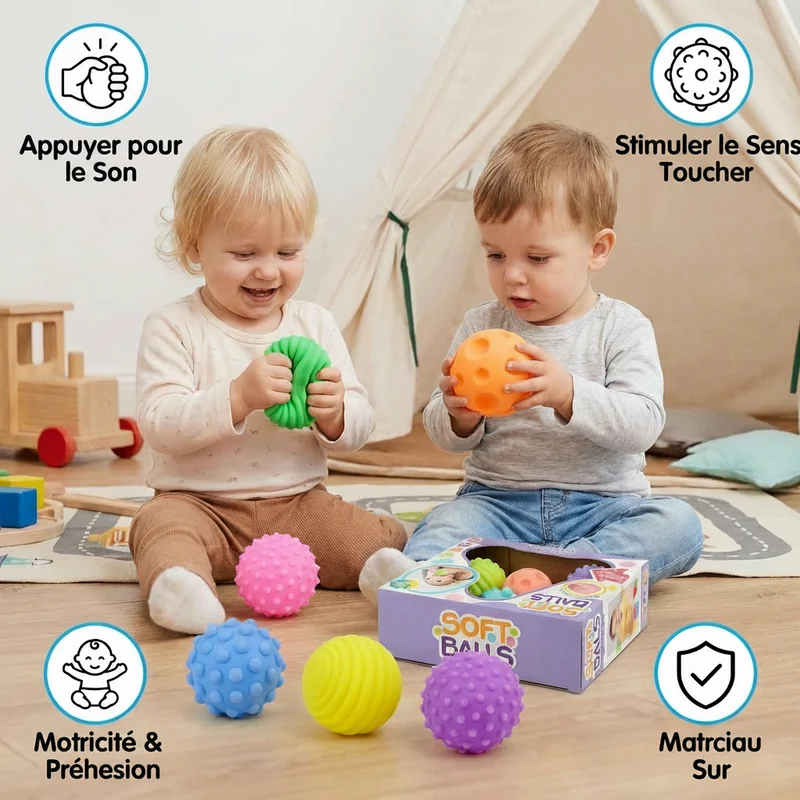 Lot de 6 Balles Sensorielles pour Bébé – Balles Texturées Souples pour Éveil et Massage