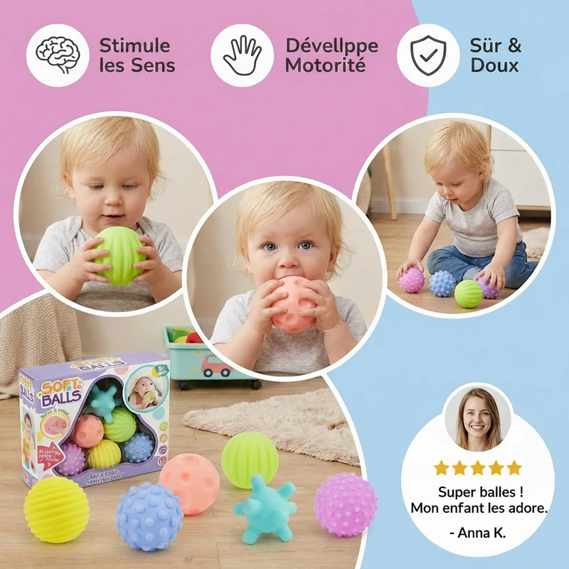Lot de 6 Balles Sensorielles pour Bébé – Balles Texturées Souples pour Éveil et Massage