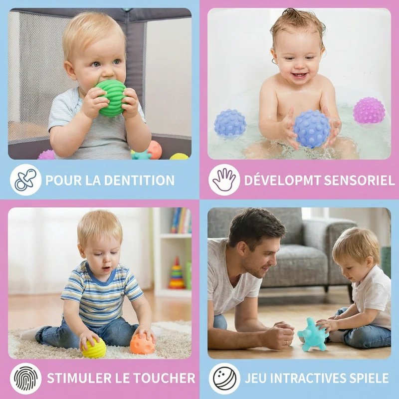 Lot de 6 Balles Sensorielles pour Bébé – Balles Texturées Souples pour Éveil et Massage