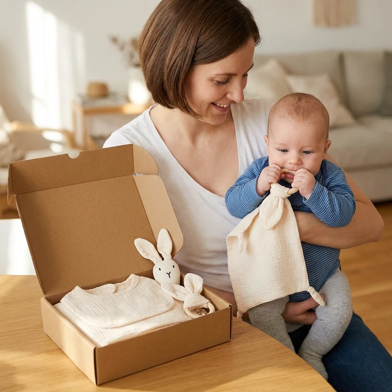 Coffret Cadeau Naissance 4 Pièces – Lange en Mousseline, Hochet Lapin, Anneau de Dentition et Bavoir