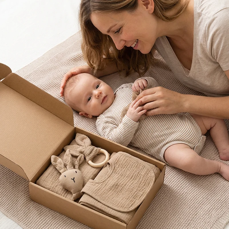 Coffret Cadeau Naissance 4 Pièces – Lange en Mousseline, Hochet Lapin, Anneau de Dentition et Bavoir