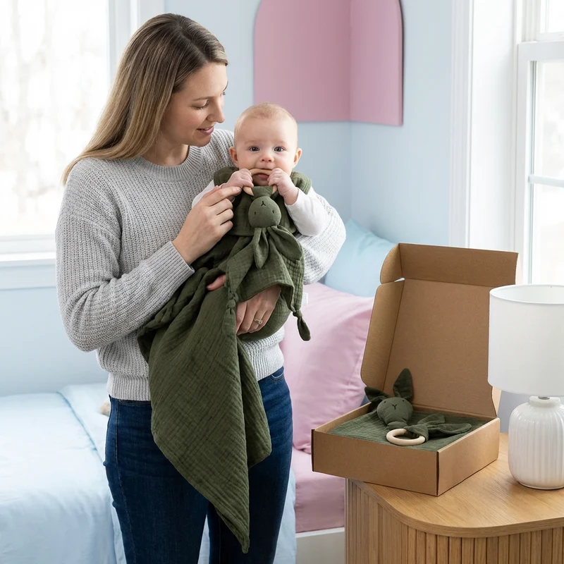 Coffret Cadeau Naissance 4 Pièces – Lange en Mousseline, Hochet Lapin, Anneau de Dentition et Bavoir