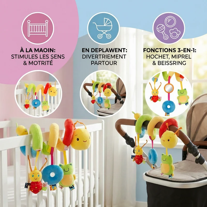 Jouet Hochet Chenille 3-en-1 – Jouet d’Éveil Bébé & Jeu de Voyage