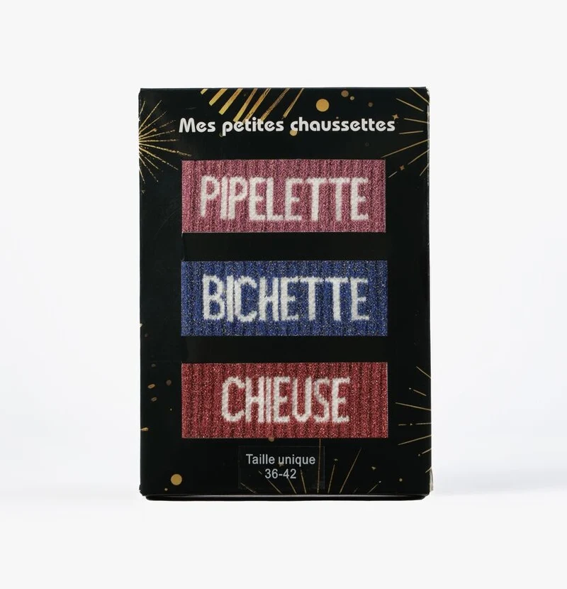 Coffret Team Pipelette – Chaussettes à paillettes Pipelette, Bichette, Chieuse | Box 3 paires