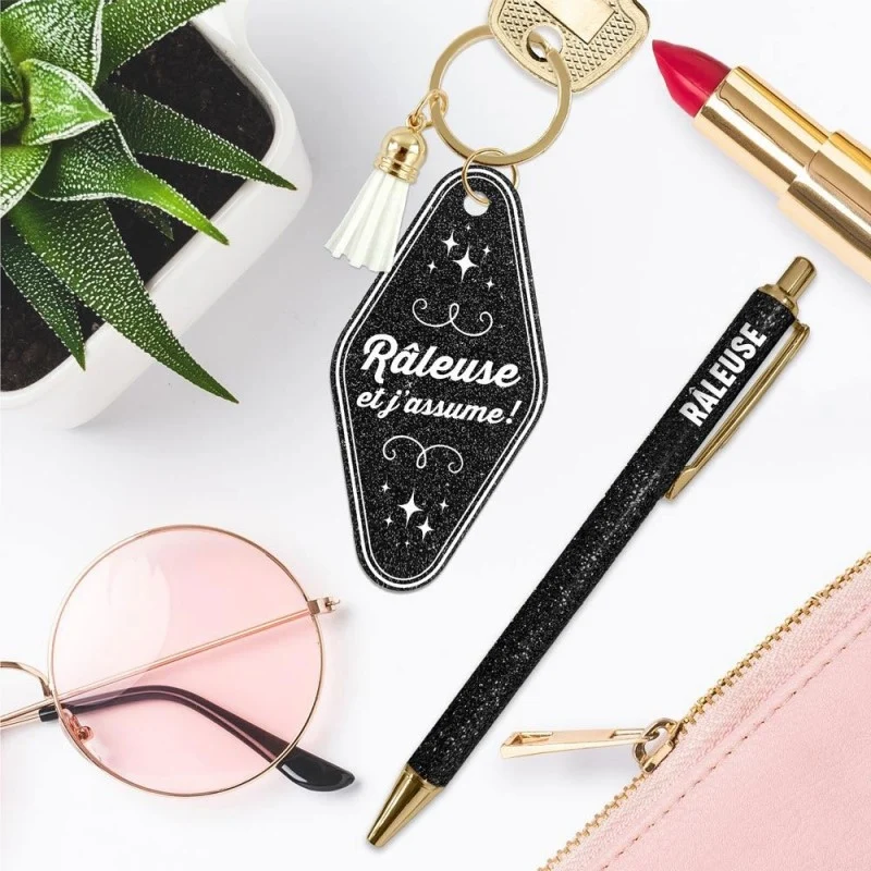 Coffret Duo Paillettes “Râleuse” – Stylo & Porte-Clés Humoristique Femme | Girls Club