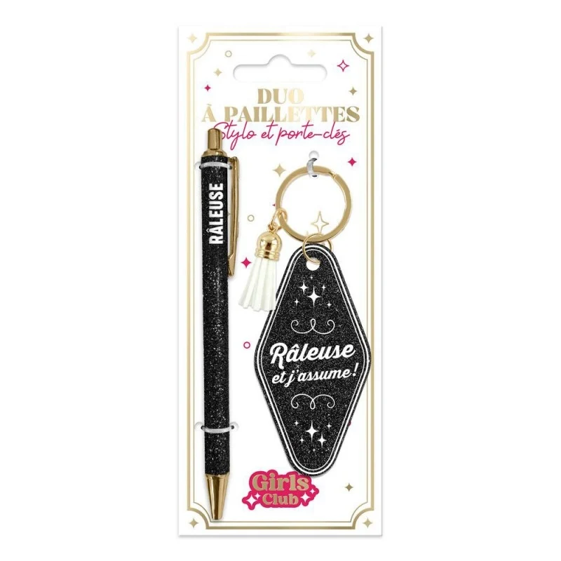Coffret Duo Paillettes “Râleuse” – Stylo & Porte-Clés Humoristique Femme | Girls Club