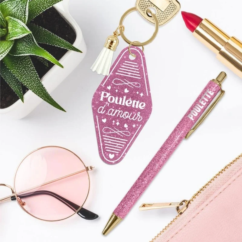 Coffret Duo Paillettes “Poulette” – Stylo & Porte-Clés Humoristique Femme | Girls Club