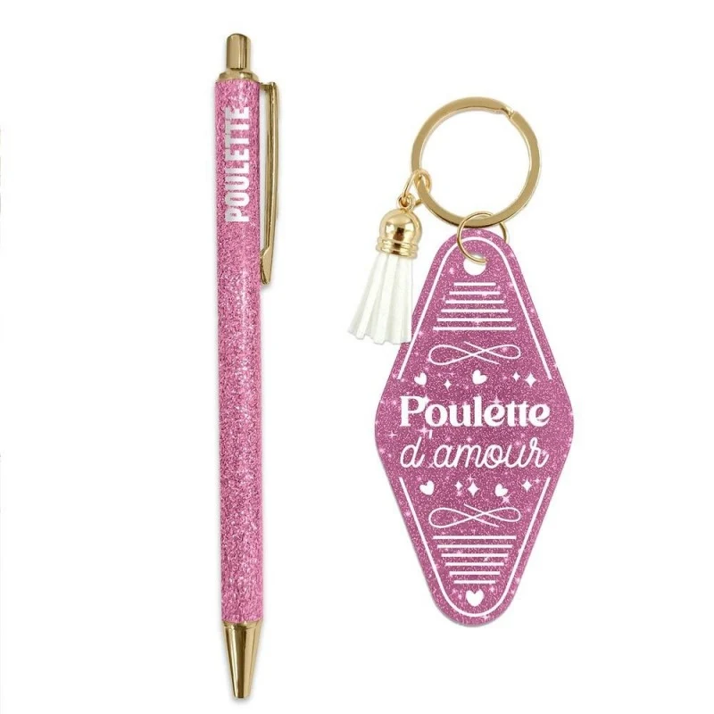 Coffret Duo Paillettes “Poulette” – Stylo & Porte-Clés Humoristique Femme | Girls Club
