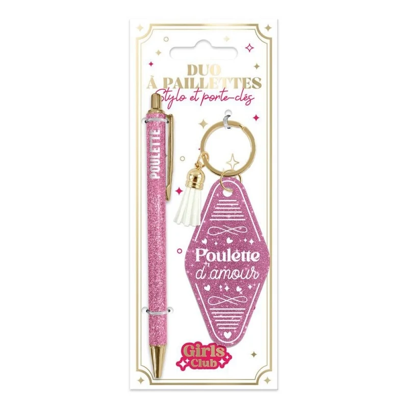 Coffret Duo Paillettes “Poulette” – Stylo & Porte-Clés Humoristique Femme | Girls Club