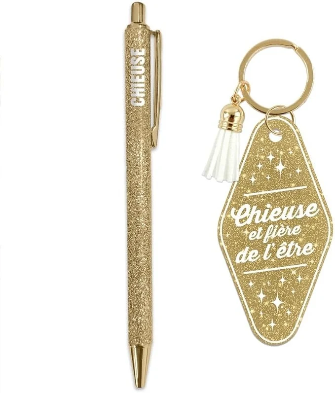 Duo Cadeau Paillettes CHIEUSE fière de l'être – Stylo & Porte-Clés Fantaisie Humour Femme
