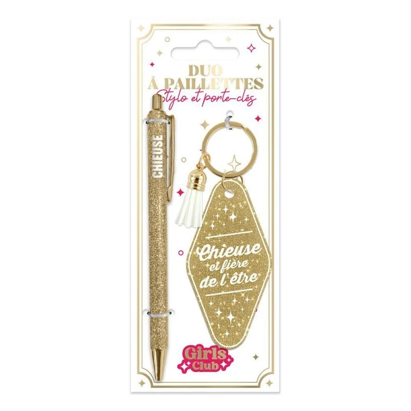 Duo Cadeau Paillettes CHIEUSE fière de l'être – Stylo & Porte-Clés Fantaisie Humour Femme
